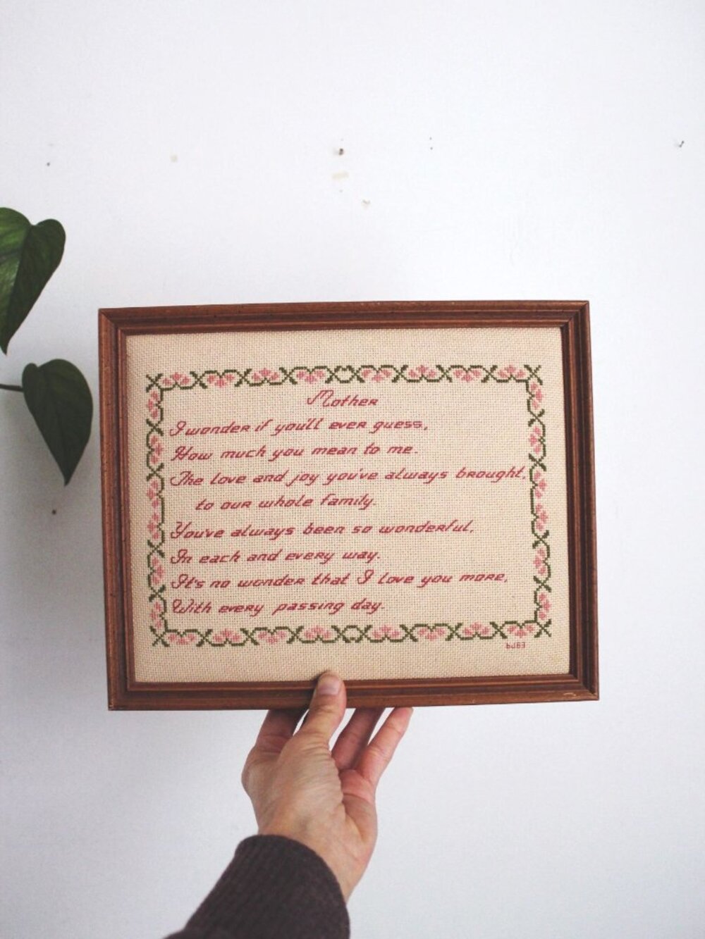 Framed Cross-Stitch Poem Mother Floral 8x10 Vintage Embroidery Art Wooden Frame
